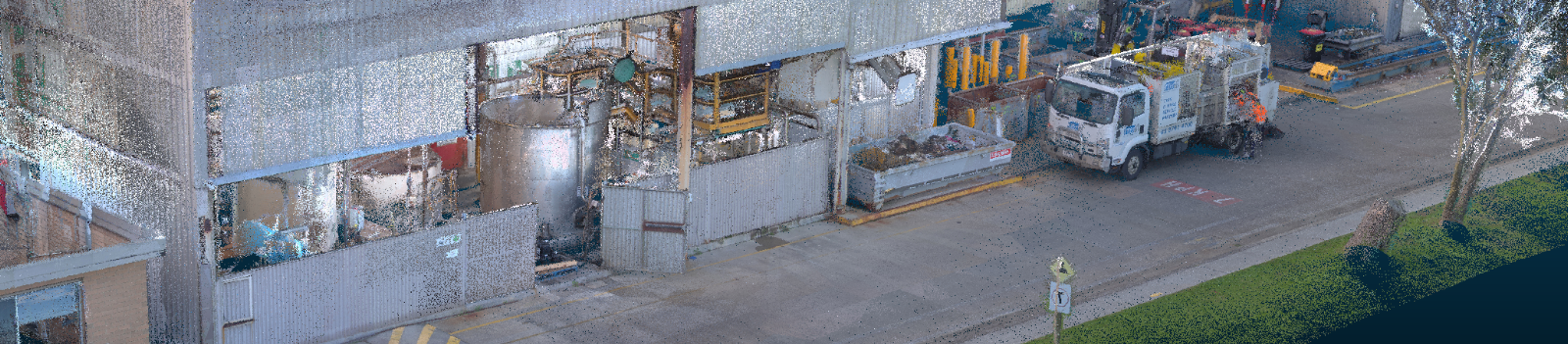 Panoramic 3D LiDAR point cloud scan of an industrial facility