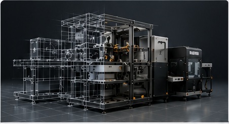Industrial equipment visualisation transitioning from wireframe to finished model